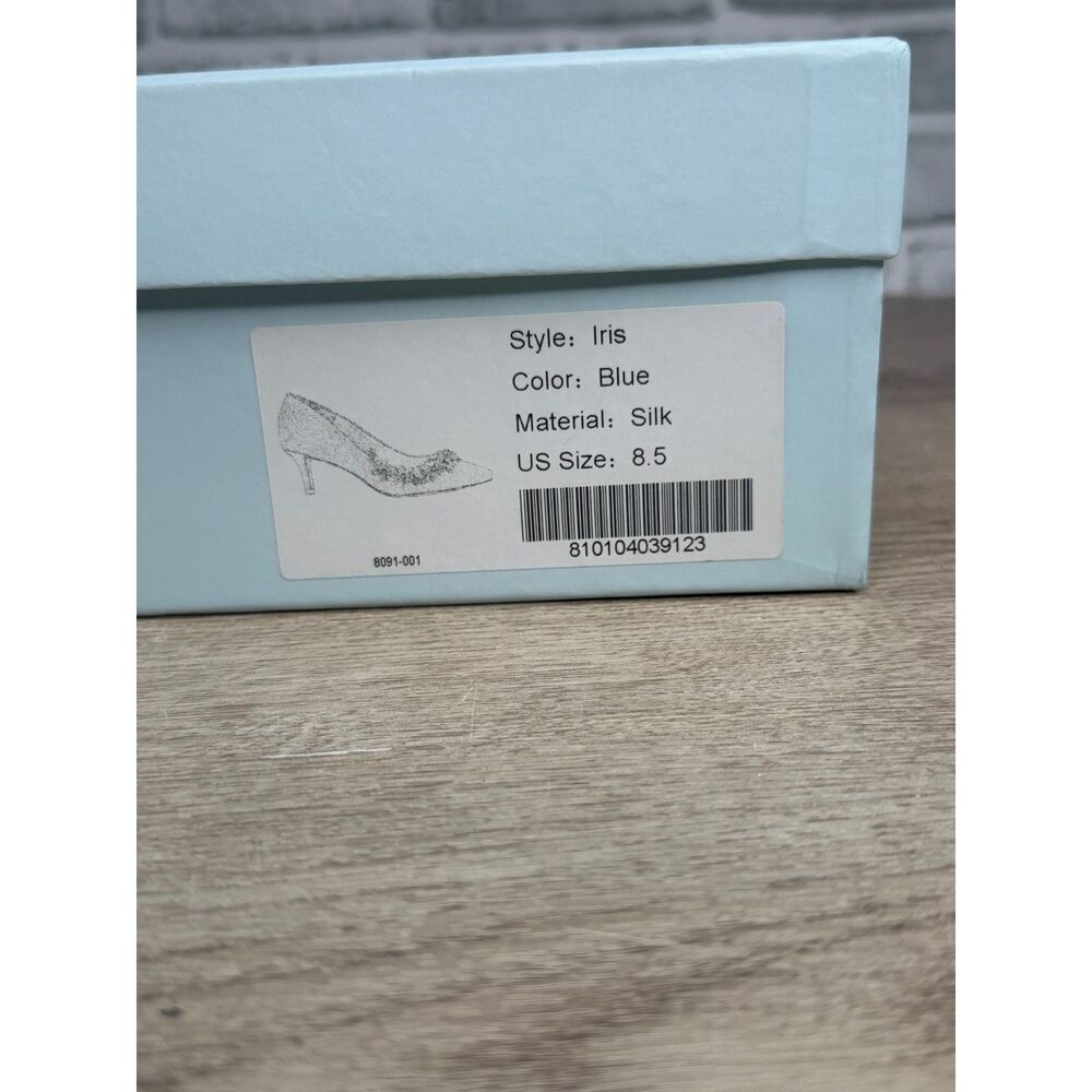 Bella Belle Light Blue Satin Floral Beaded Pointed Toe Kitten Heels - Size 8.5